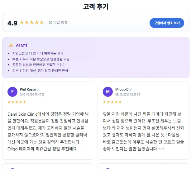 국문으로 표시된 구글 리뷰 블록 — 4.9점, AI 요약, 후기 카드